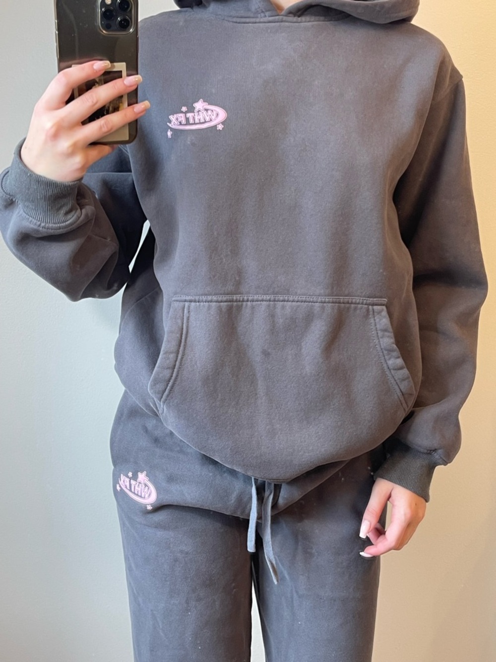 White Fox Boutique Charcoal Gray Hoodie with Pink Logo